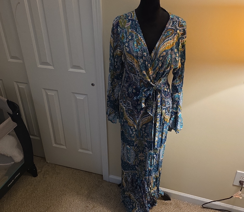 Blue Paisley Wrap Maxi Dress with Tie Waist